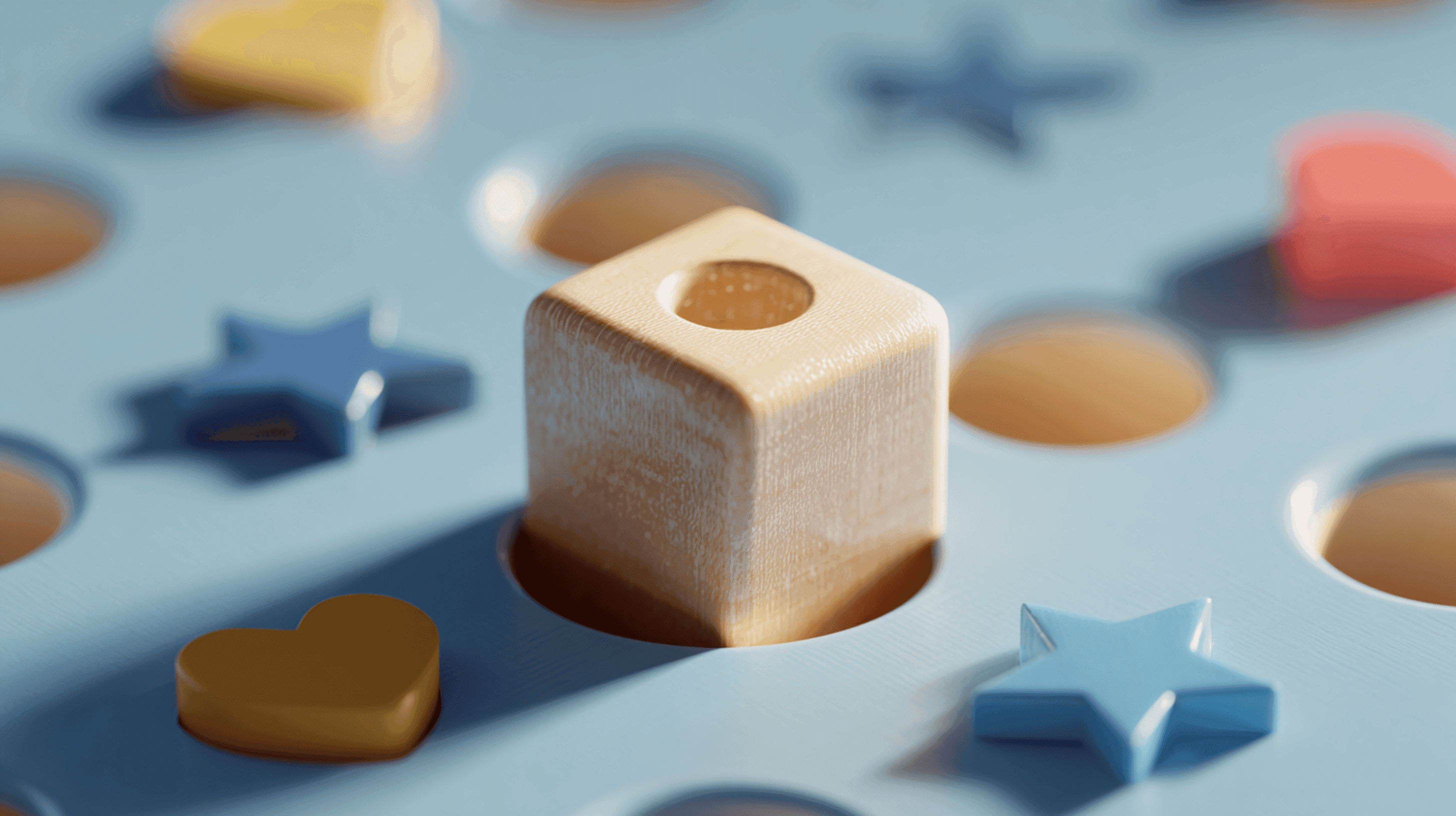A wooden cube sits awkwardly in a round hole, conveying the concept of mismatch