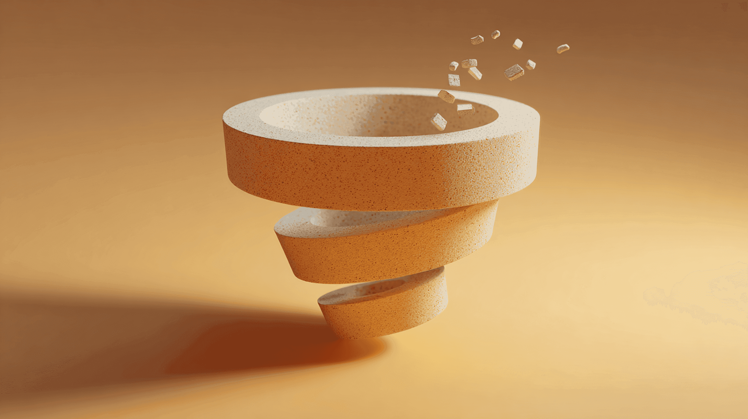 a broken marketing funnel, with fragmented pieces flying out of the top