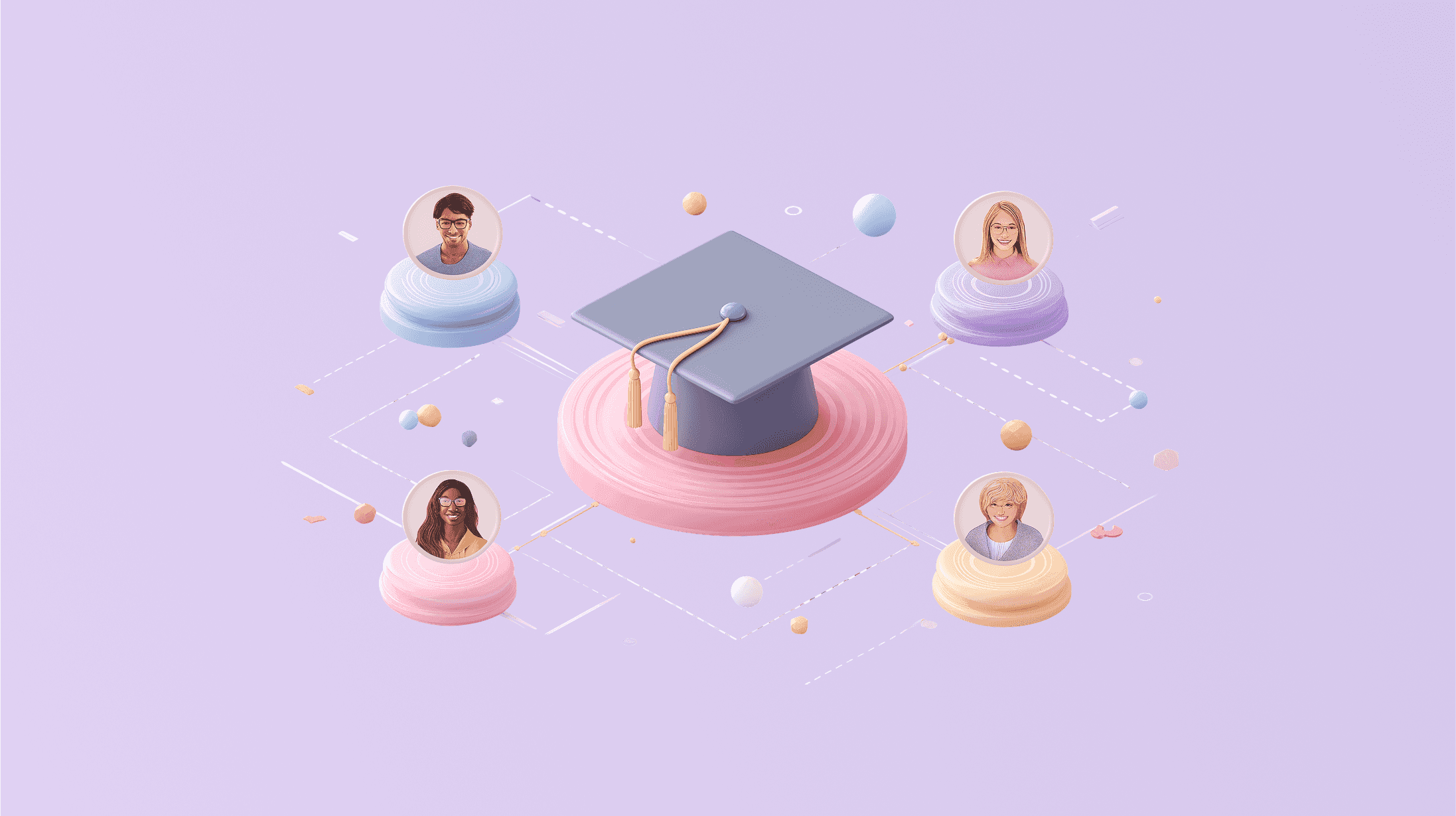 3D personas representing company partners, connected to the central education hub