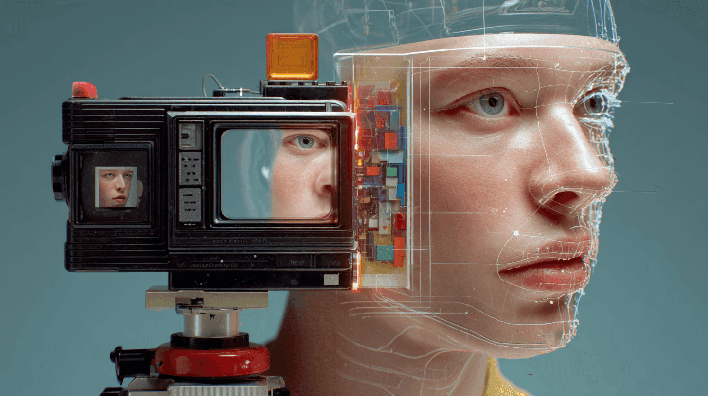 Illustration of a woman in front of a screen with an AI avatar speaking